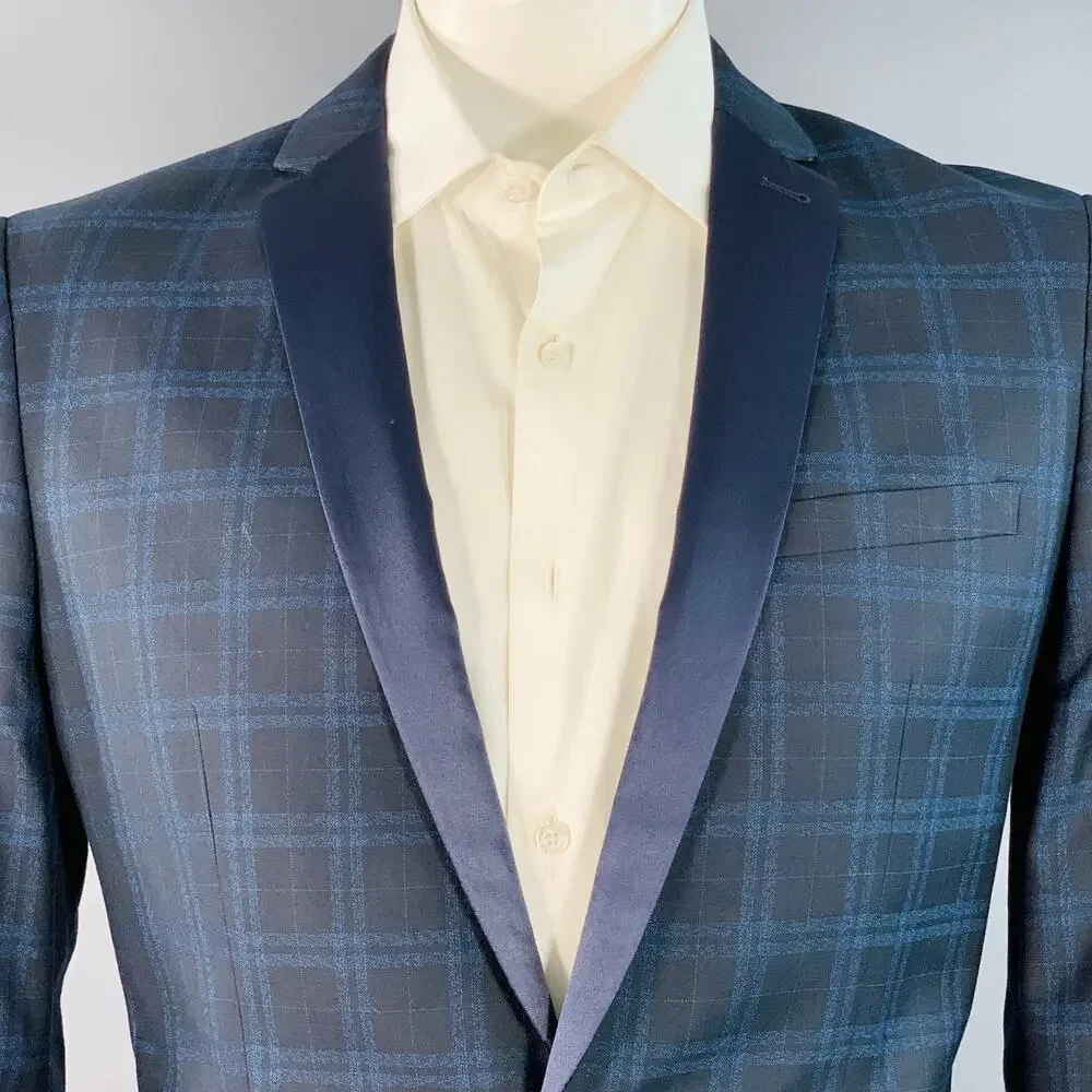 FARAH Size 42 Regular Navy Blue Plaid Polyester Blend Slim Fit Sport Coat